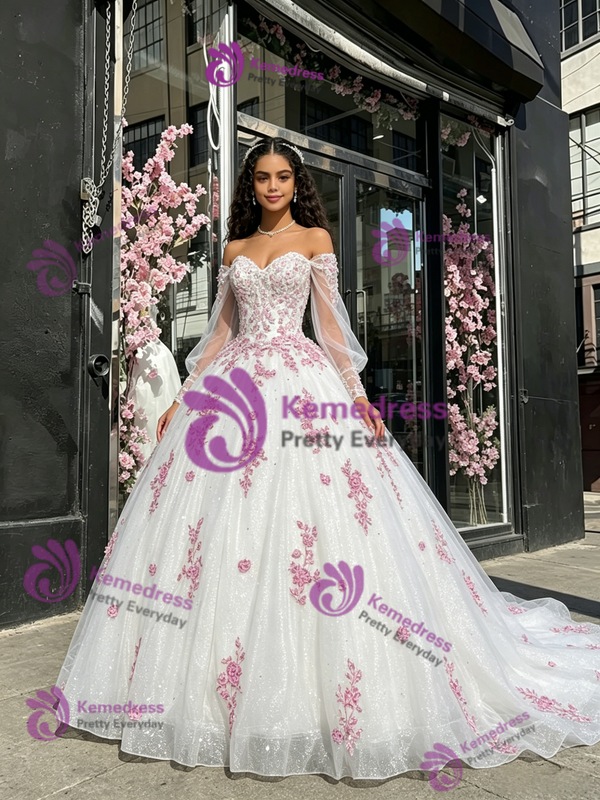 White Sequins Long Sleeve Appliques Quinceanera Dress