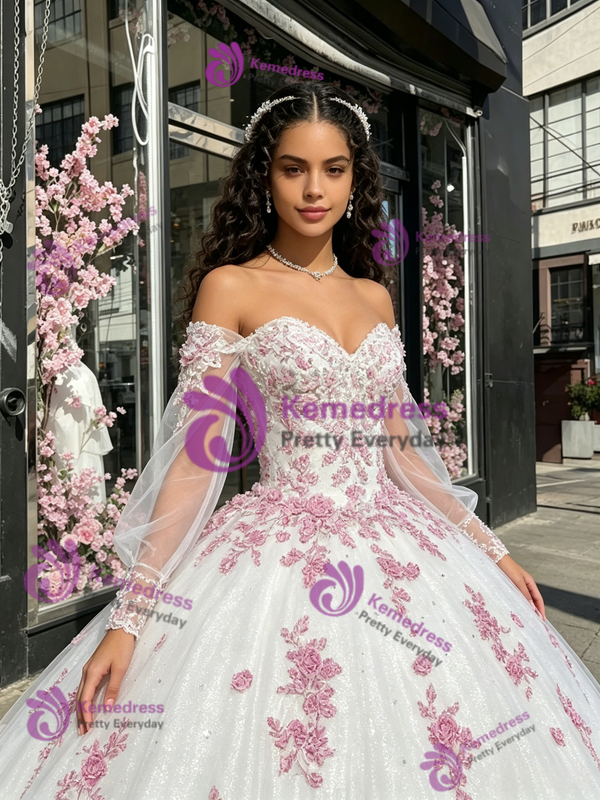 White Sequins Long Sleeve Appliques Quinceanera Dress