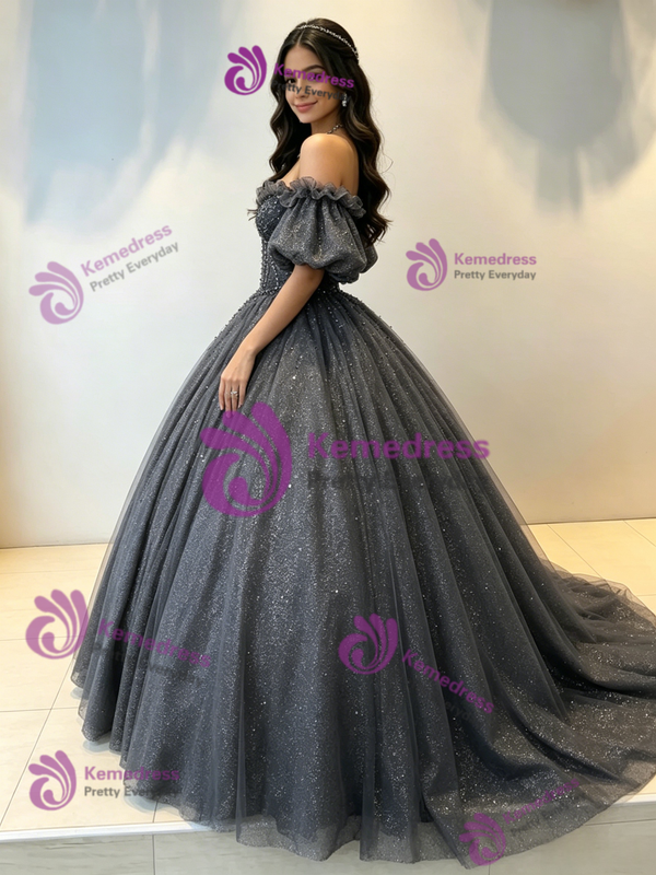 Gray Sequins Tulle Off the Shoulder Beading Quinceanera Dress