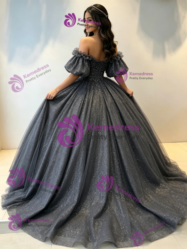 Gray Sequins Tulle Off the Shoulder Beading Quinceanera Dress