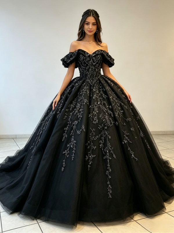 Black Tulle Appliques Quinceanera Dress