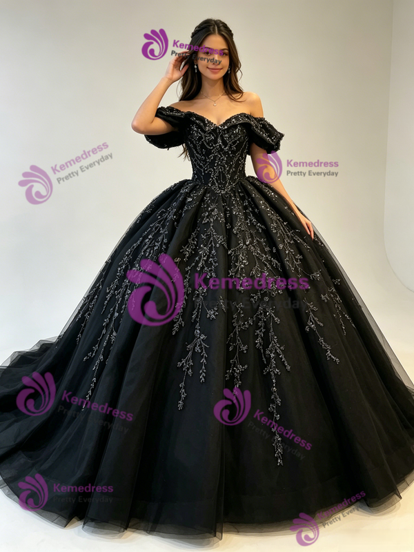 Black Tulle Appliques Quinceanera Dress