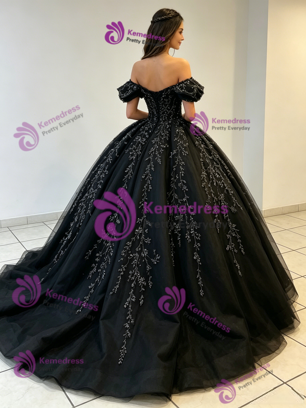 Black Tulle Appliques Quinceanera Dress