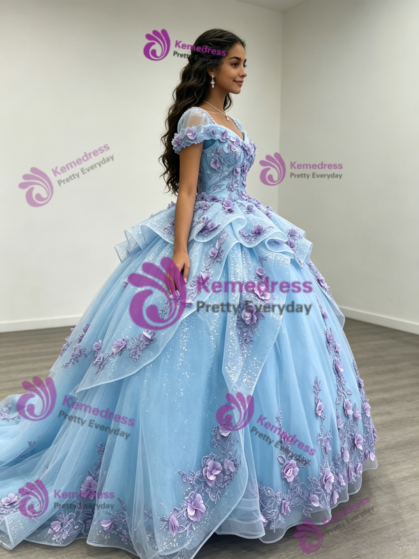 Sky Blue Tulle 3D Appliques Quinceanera Dress