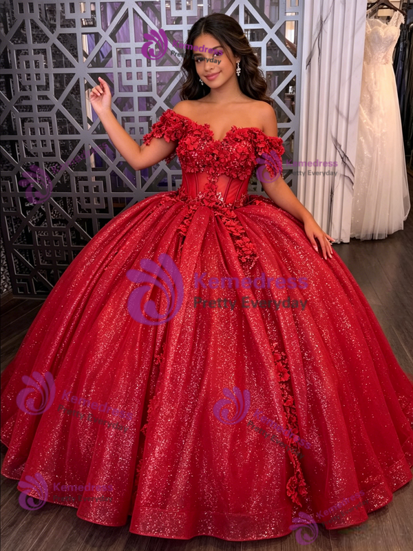 Red Tulle Sequins Appliques Quinceanera Dress