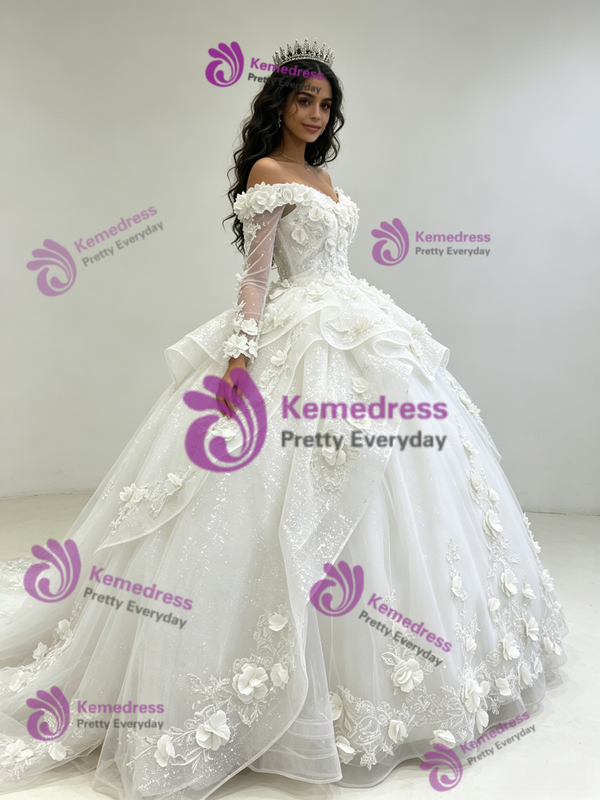 White Tulle Off the Shoulder Long Sleeve 3D Flower Quinceanera Dress