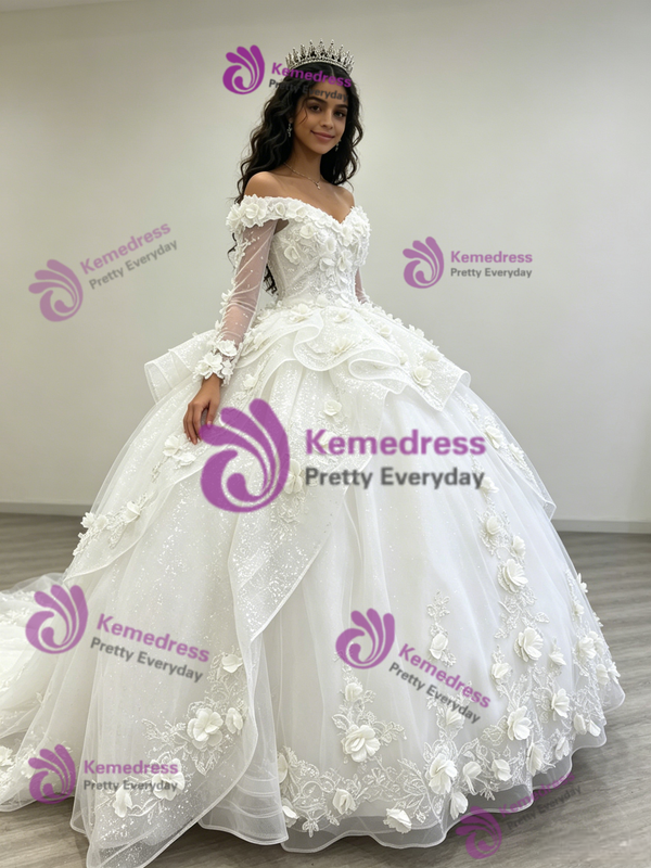White Tulle Off the Shoulder Long Sleeve 3D Flower Quinceanera Dress