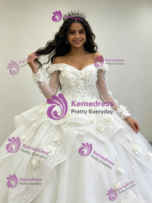 White Tulle Off the Shoulder Long Sleeve 3D Flower Quinceanera Dress