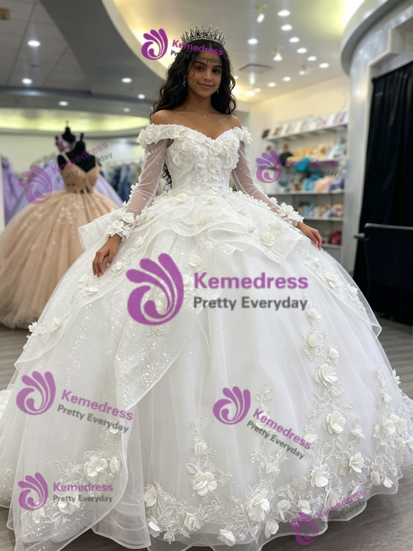 White Tulle Off the Shoulder Long Sleeve 3D Flower Quinceanera Dress