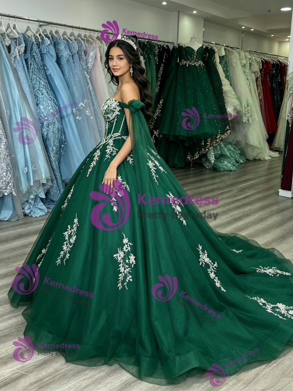 Green Tulle Off the Shoulder Appliques Quinceanera Dress
