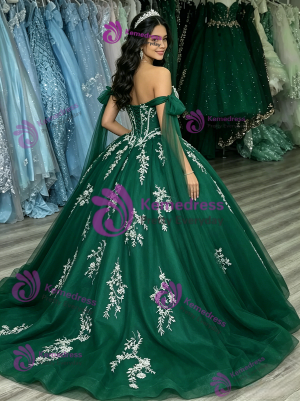 Green Tulle Off the Shoulder Appliques Quinceanera Dress