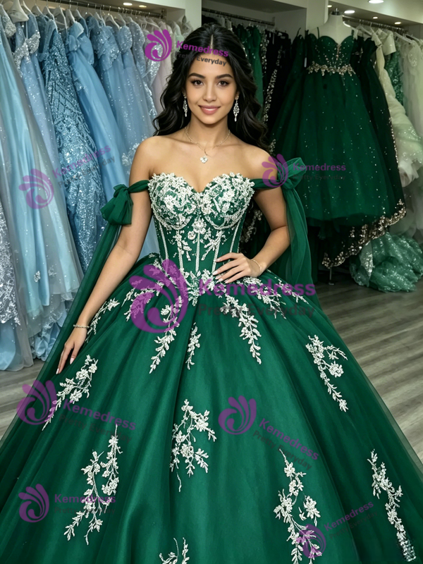 Green Tulle Off the Shoulder Appliques Quinceanera Dress