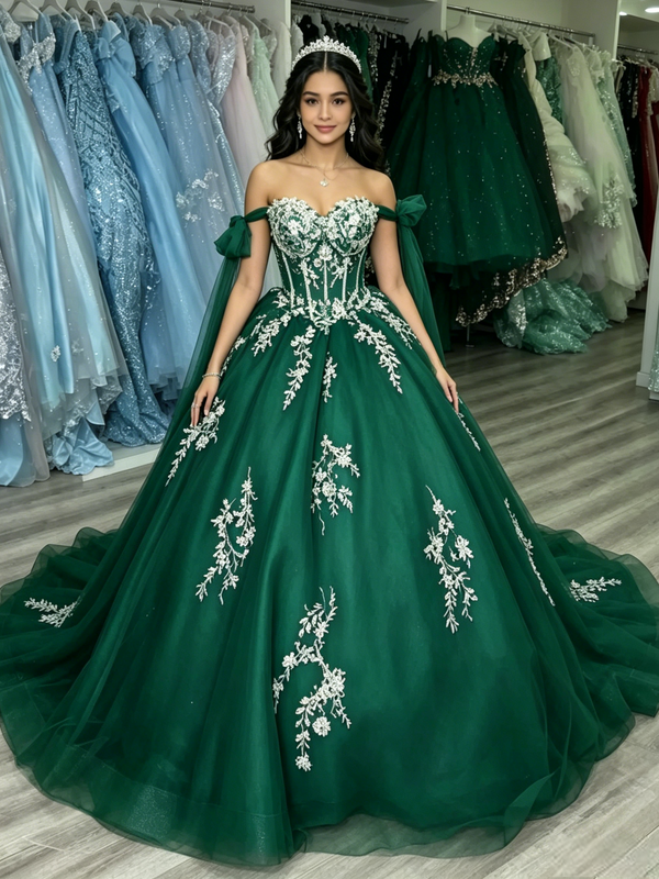 Green Tulle Off the Shoulder Appliques Quinceanera Dress