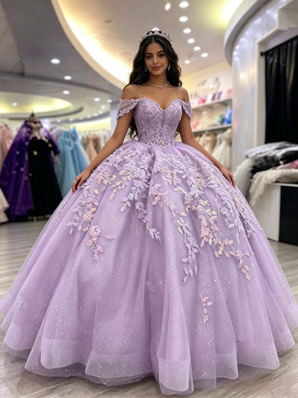 Purple Tulle Straps Appliques Quinceanera Dress