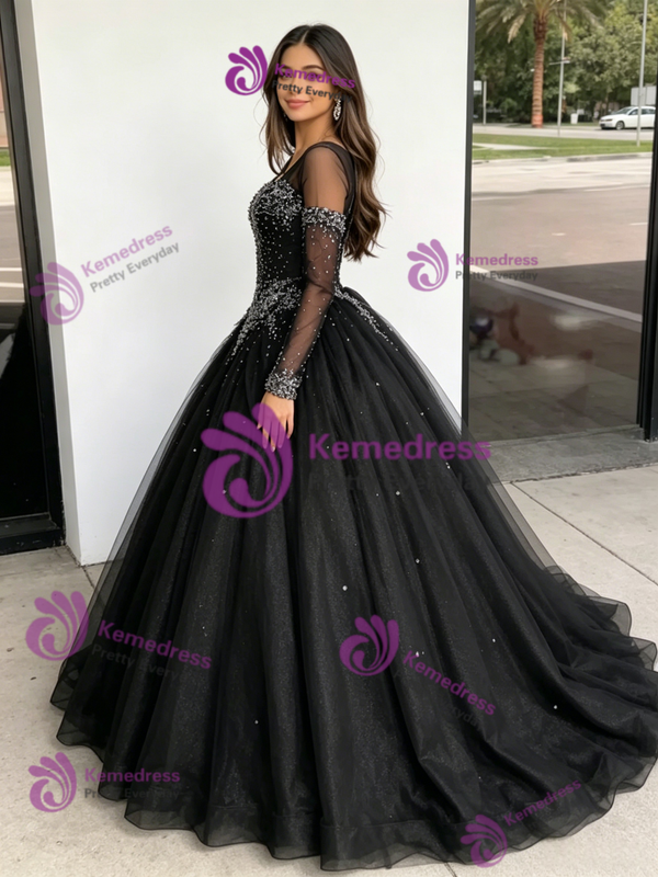 Black Tulle V-Neck Long Sleeve Beading Quinceanera Dress