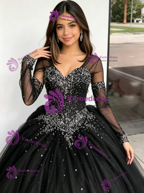 Black Tulle V-Neck Long Sleeve Beading Quinceanera Dress