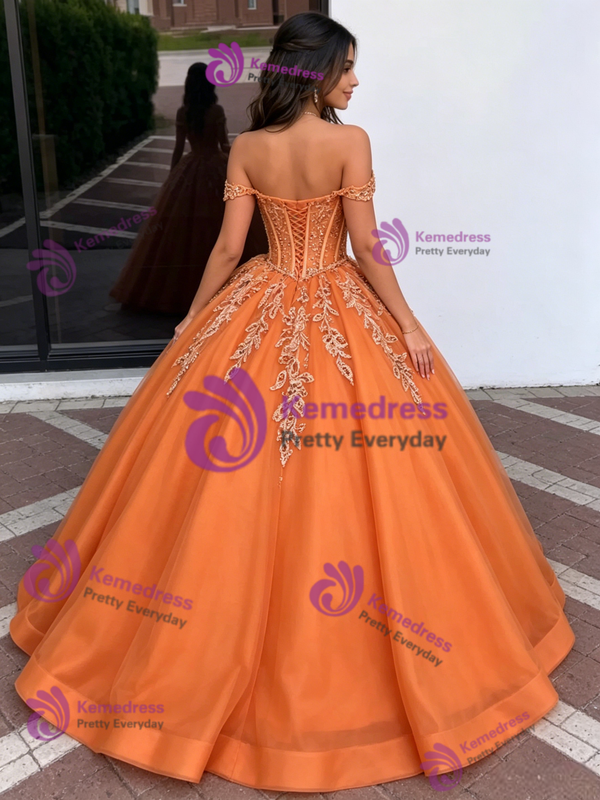 Orange Tulle Off The Shoulder Appliques Quinceanera Dress