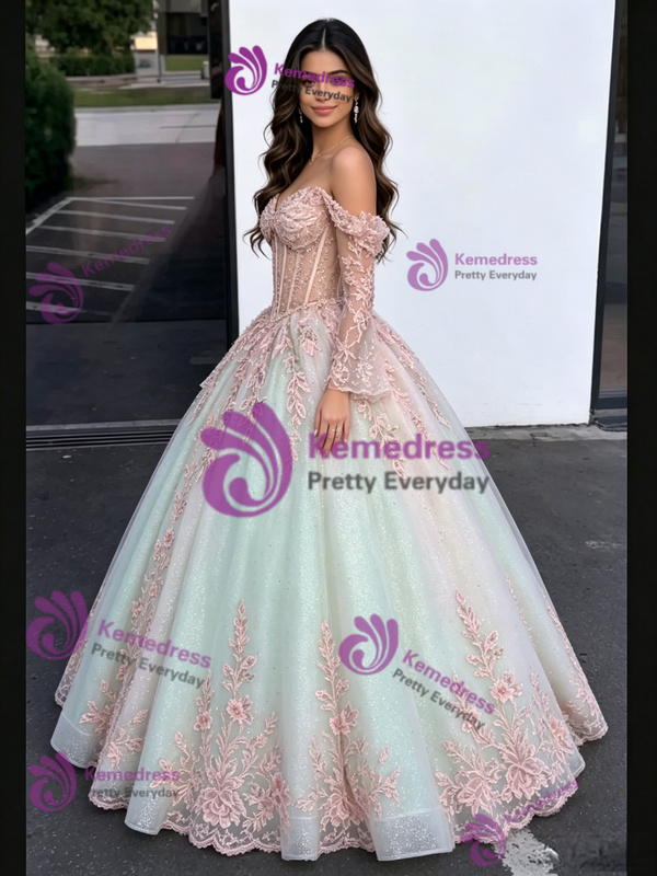 Tulle Sequins Appliques Long Sleeve Quinceanera Dress