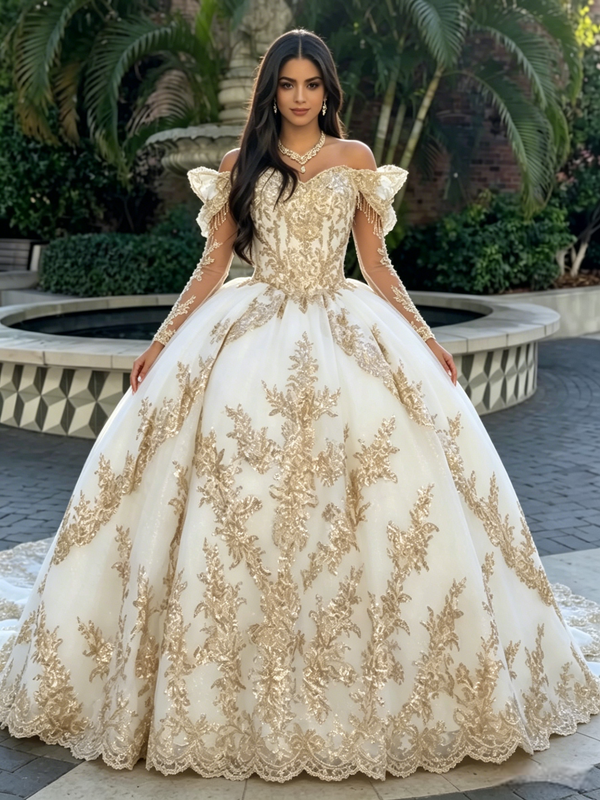 White Tulle Off The Shoulder Quinceanera Dress