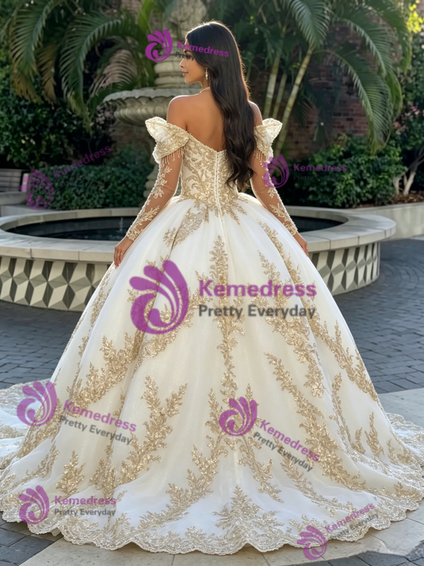 White Tulle Off The Shoulder Quinceanera Dress