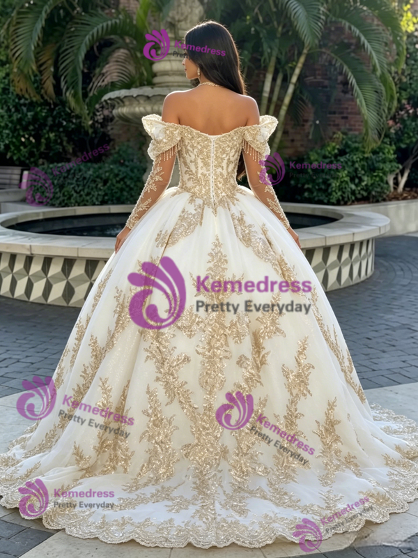 White Tulle Off The Shoulder Quinceanera Dress