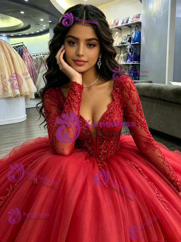 Red Tulle V-neck Long Sleeve Beading Quinceanera Dress