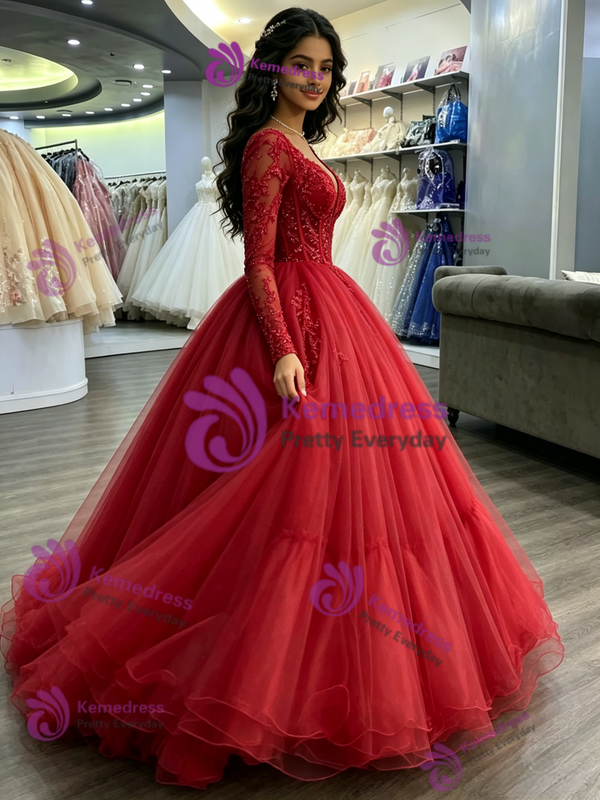 Red Tulle V-neck Long Sleeve Beading Quinceanera Dress