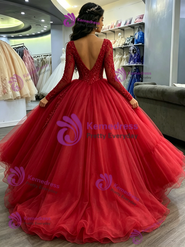 Red Tulle V-neck Long Sleeve Beading Quinceanera Dress