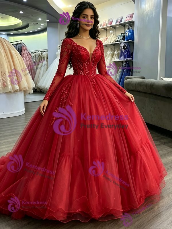 Red Tulle V-neck Long Sleeve Beading Quinceanera Dress