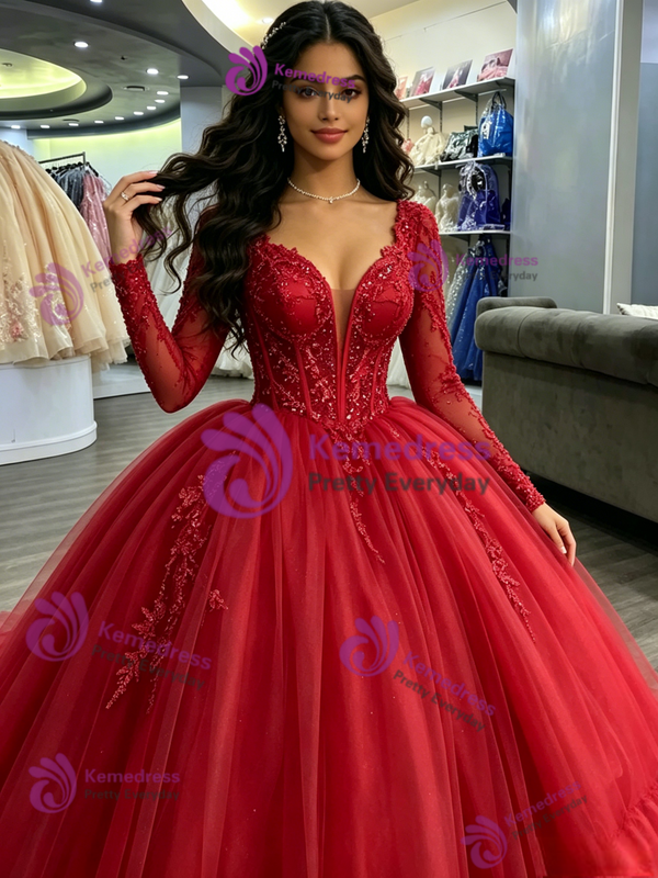Red Tulle V-neck Long Sleeve Beading Quinceanera Dress