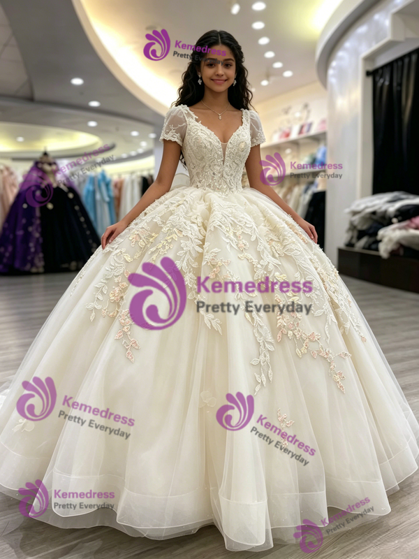 White Tulle V-neck Short Sleeve Appliques Quinceanera Dress