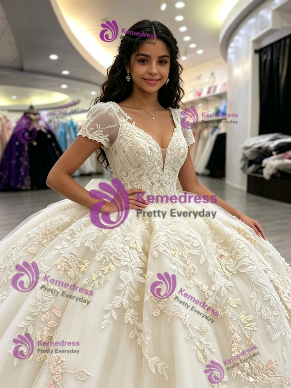 White Tulle V-neck Short Sleeve Appliques Quinceanera Dress