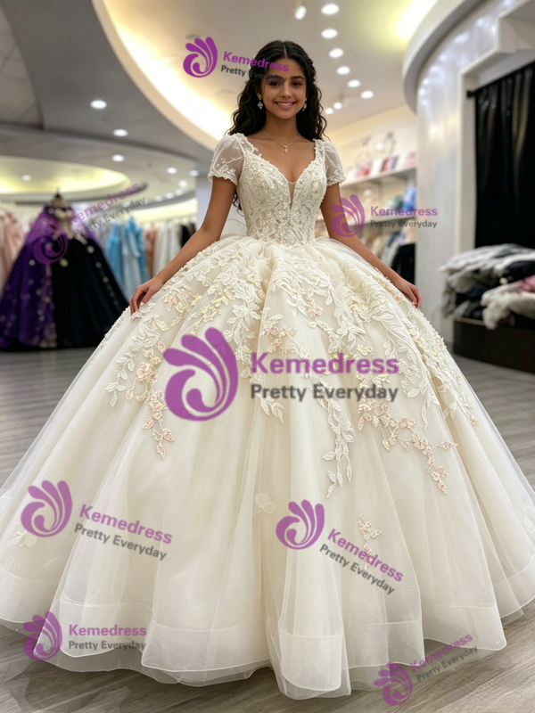 White Tulle V-neck Short Sleeve Appliques Quinceanera Dress