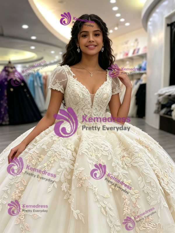 White Tulle V-neck Short Sleeve Appliques Quinceanera Dress