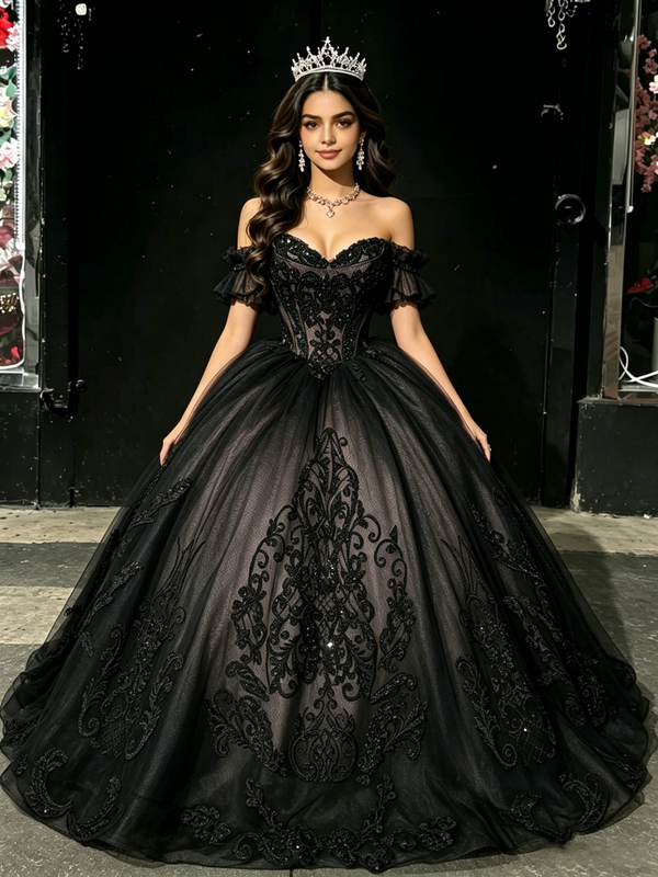 Black Tulle Off The Shoulder Appliques Quinceanera Dress