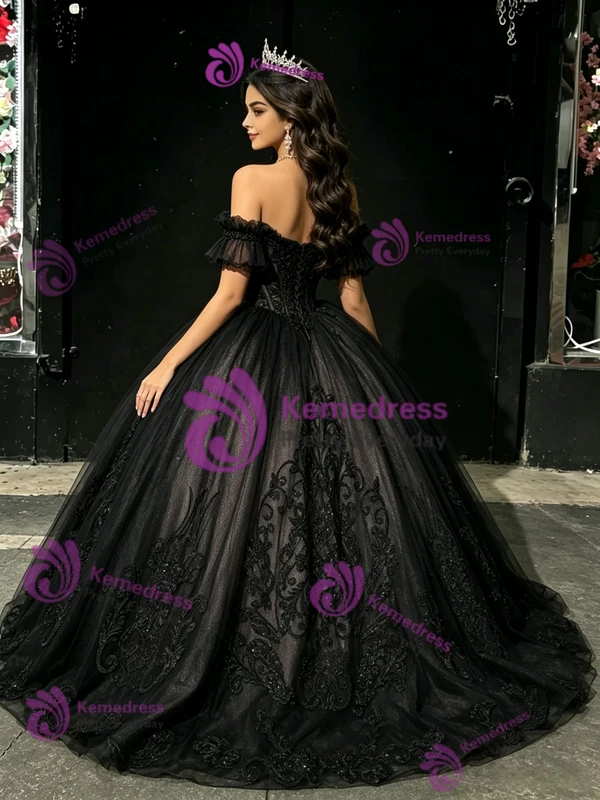 Black Tulle Off The Shoulder Appliques Quinceanera Dress