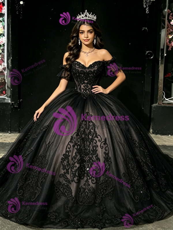 Black Tulle Off The Shoulder Appliques Quinceanera Dress