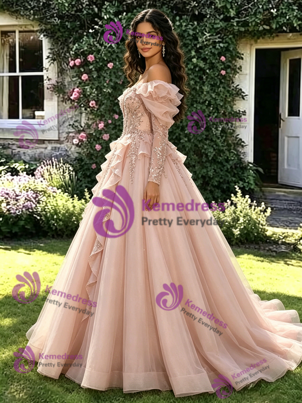 Pink Tulle Sequins Off the Shoulder Long Sleeve Quinceanera Dress