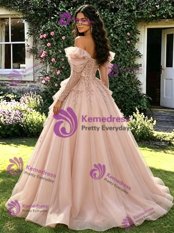 Pink Tulle Sequins Off the Shoulder Long Sleeve Quinceanera Dress