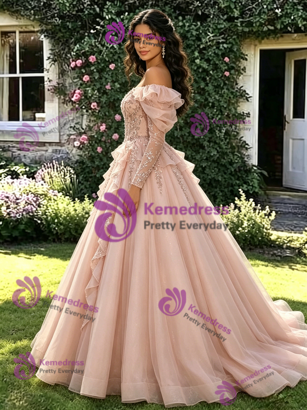 Pink Tulle Sequins Off the Shoulder Long Sleeve Quinceanera Dress