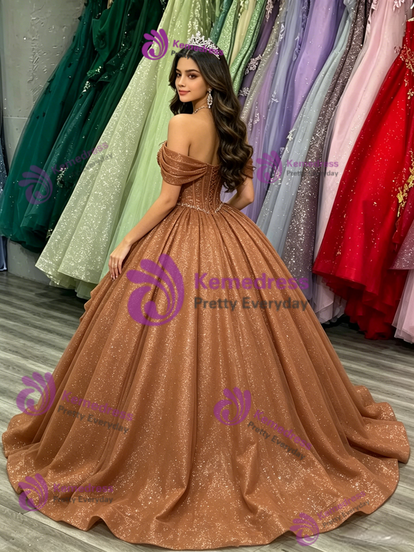 Brown Sequins Off The Shoulder Quinceanera Dress