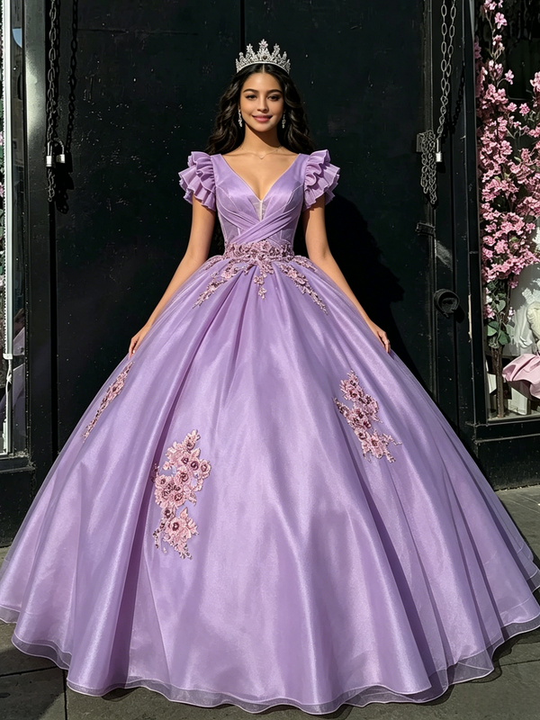 Purple Tulle V-neck Appliques Quinceanera Dress