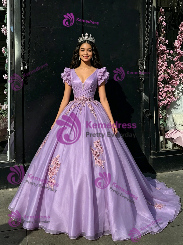 Purple Tulle V-neck Appliques Quinceanera Dress