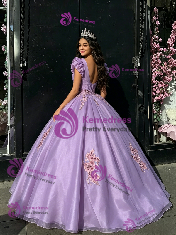 Purple Tulle V-neck Appliques Quinceanera Dress