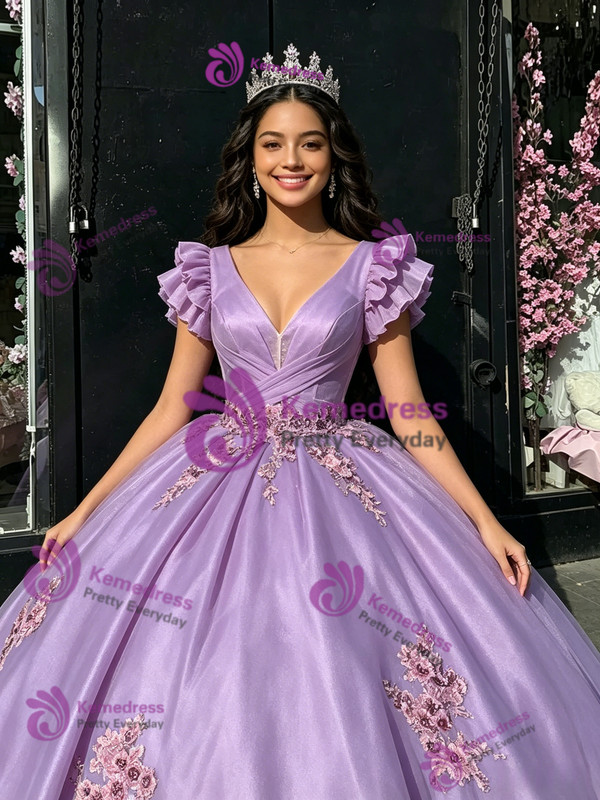 Purple Tulle V-neck Appliques Quinceanera Dress
