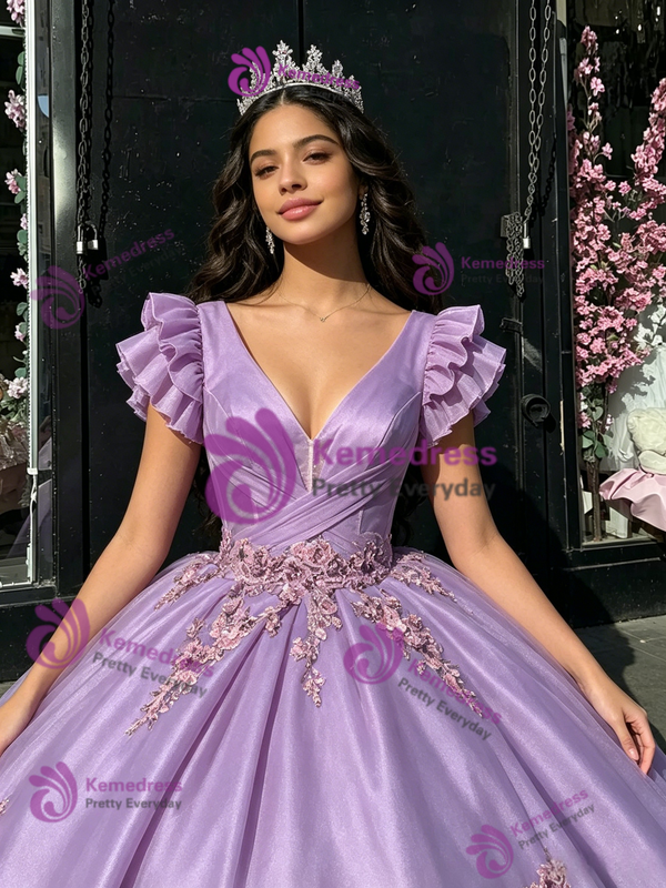Purple Tulle V-neck Appliques Quinceanera Dress
