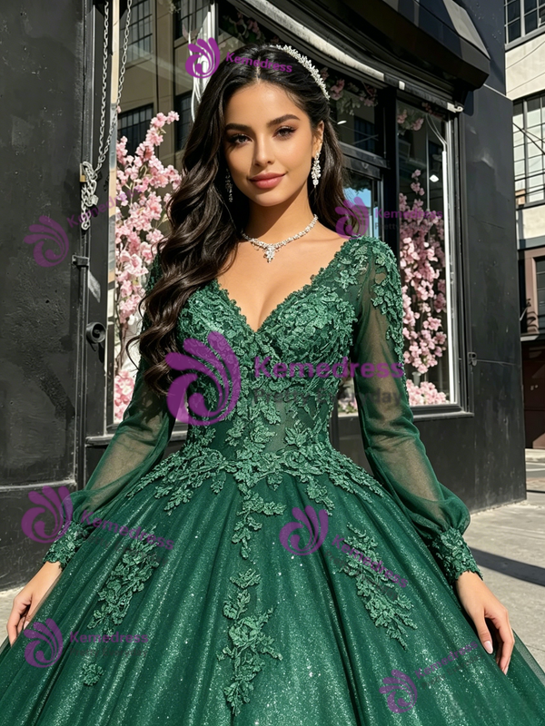 Green Tulle Sequins V-neck Appliques Quinceanera Dress