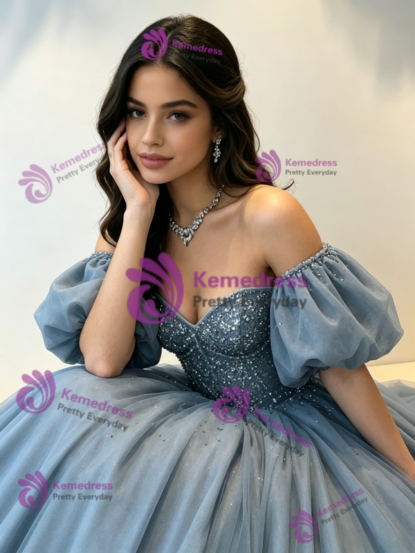 Blue Tulle Off the Shoulder Beading Quinceanera Dress