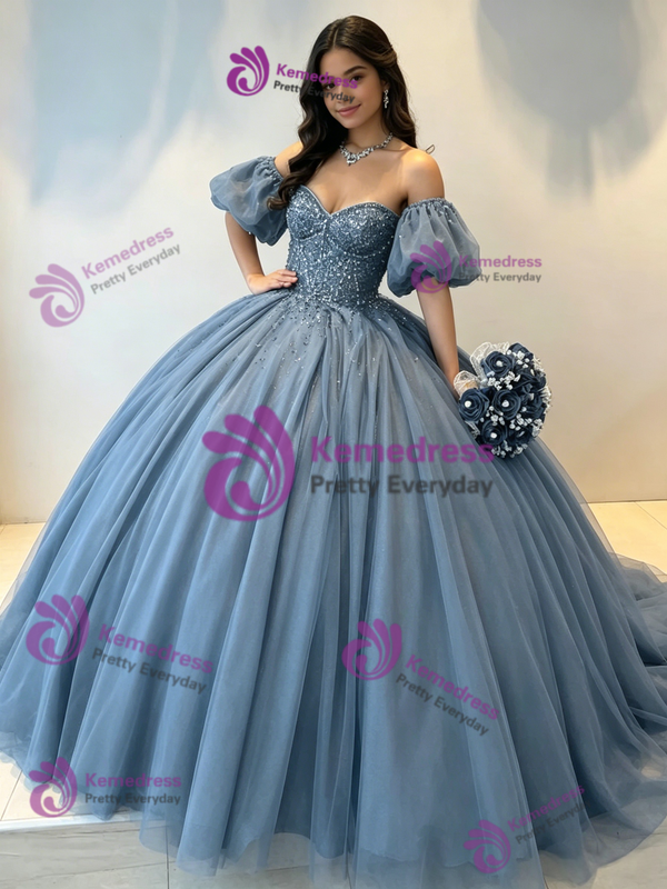 Blue Tulle Off the Shoulder Beading Quinceanera Dress