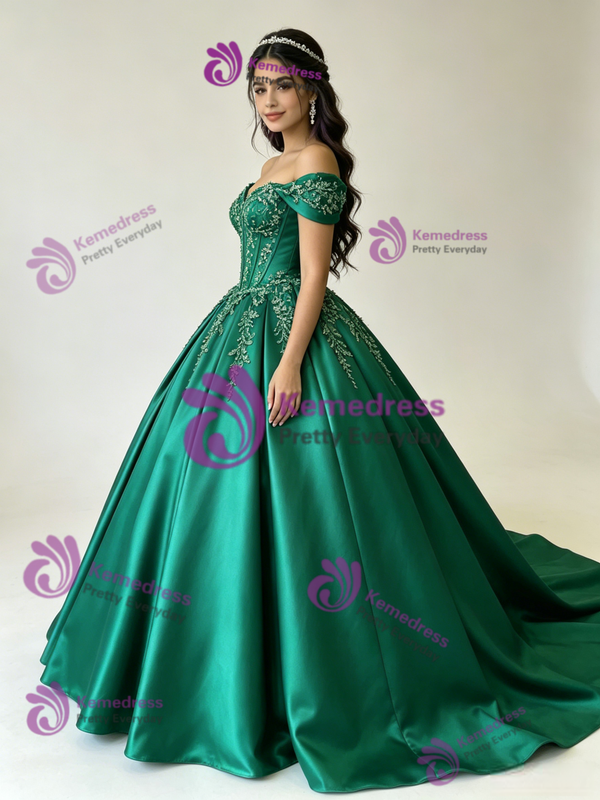Green Satin Appliques Quinceanera Dress